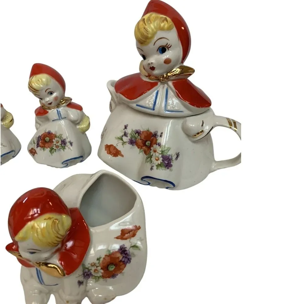 MCM Hull Little Red Riding Hood Tea Pot Set Red & White Ceramic 6 Pieces